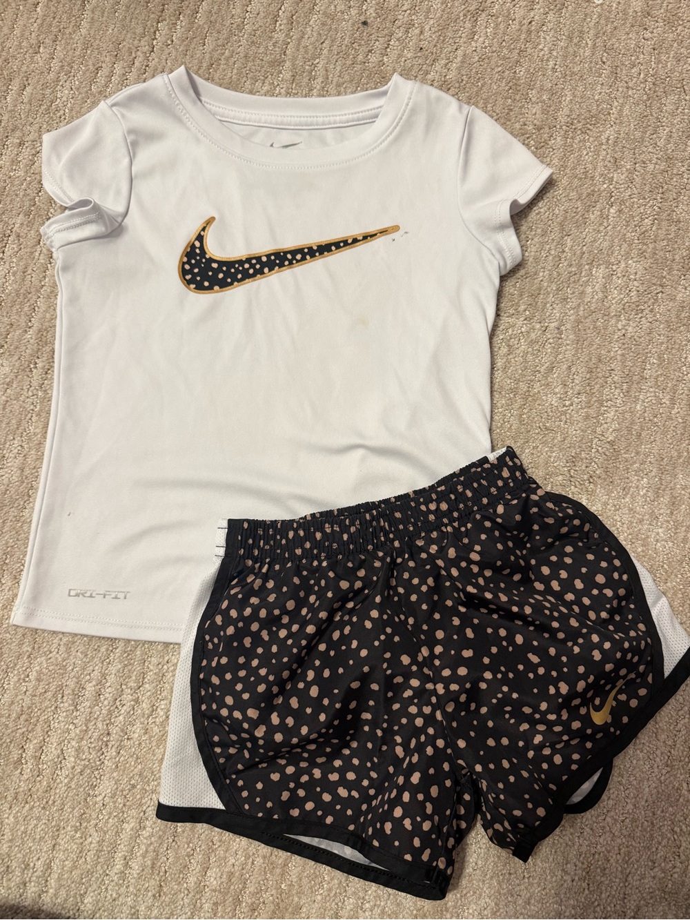 Nike White Tee with Black and Tan Polka Dot Athletic Shorts